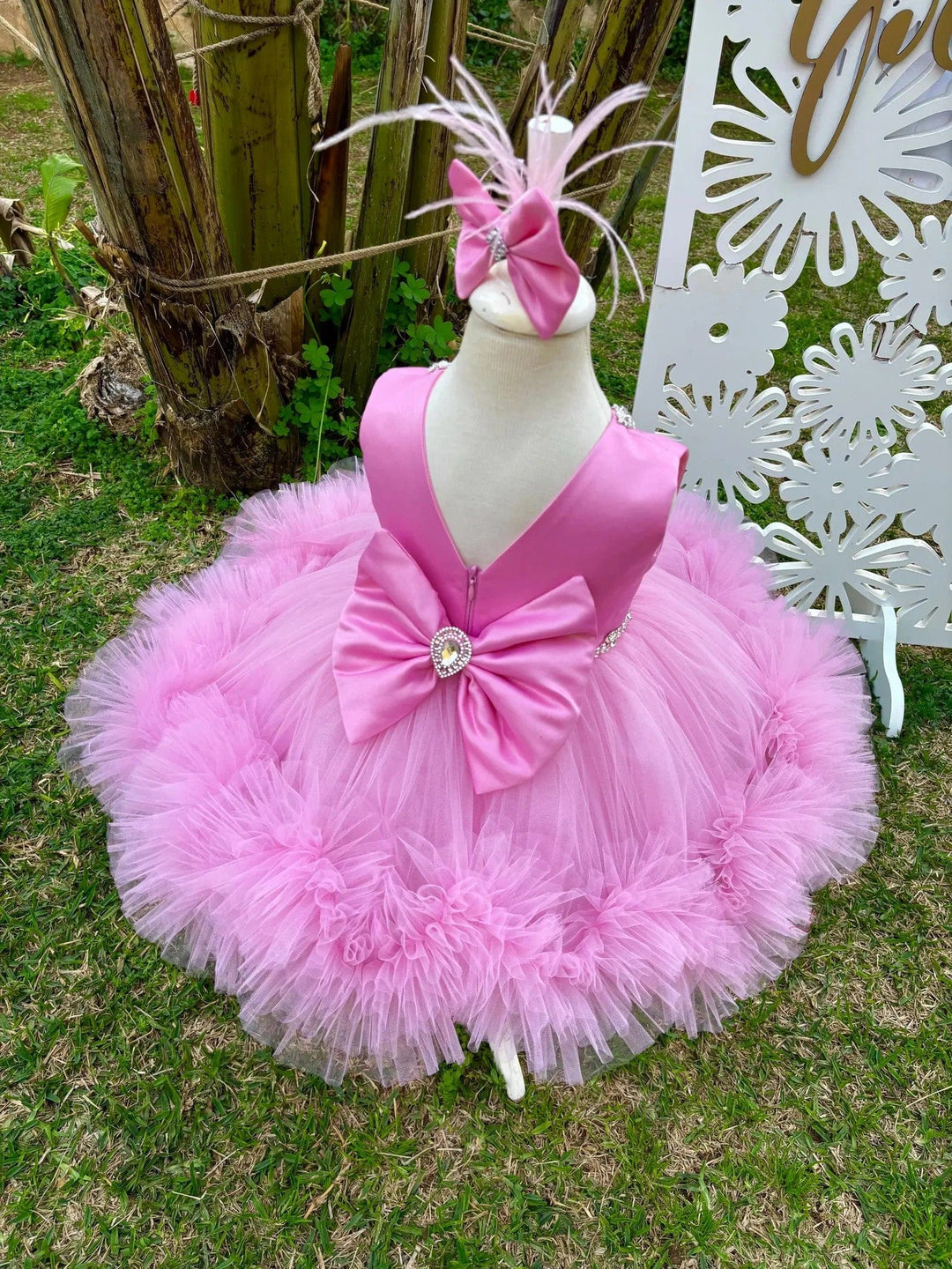 Sunnypetal Pink Flower Girl Dress Baby Girl Prom Gown with 3D Butterfly