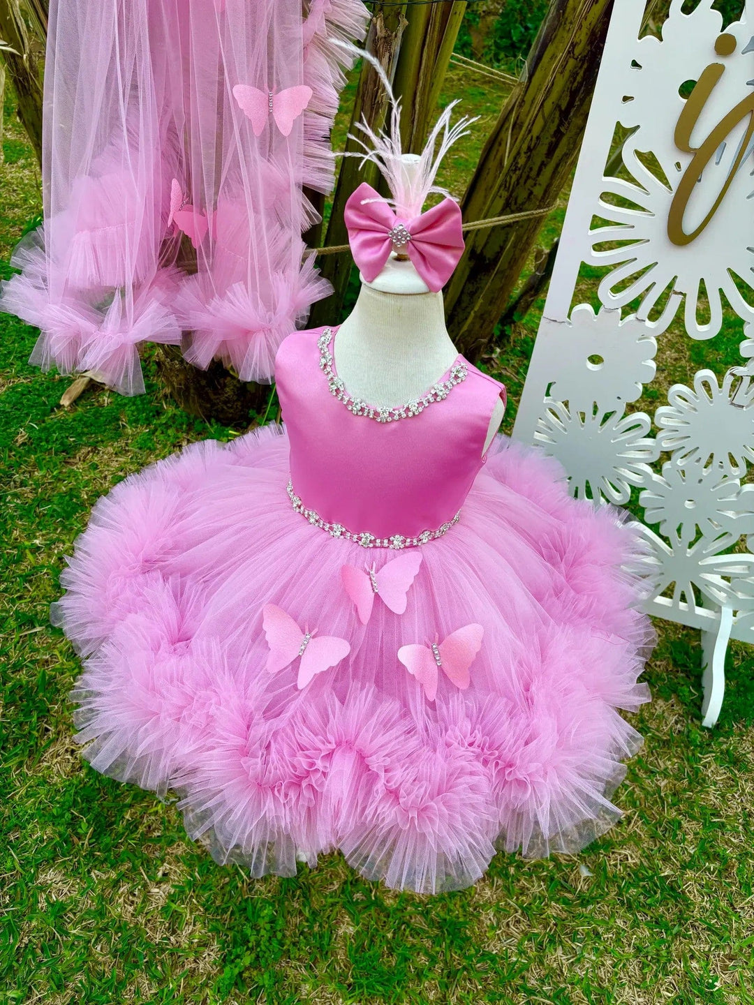 Sunnypetal Pink Flower Girl Dress Baby Girl Prom Gown with 3D Butterfly