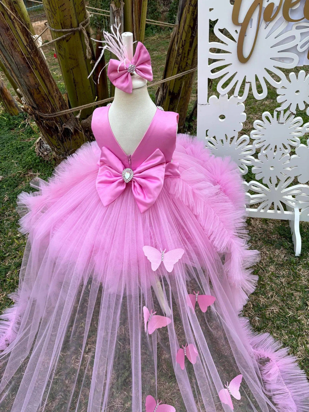 Sunnypetal Pink Flower Girl Dress Baby Girl Prom Gown with 3D Butterfly