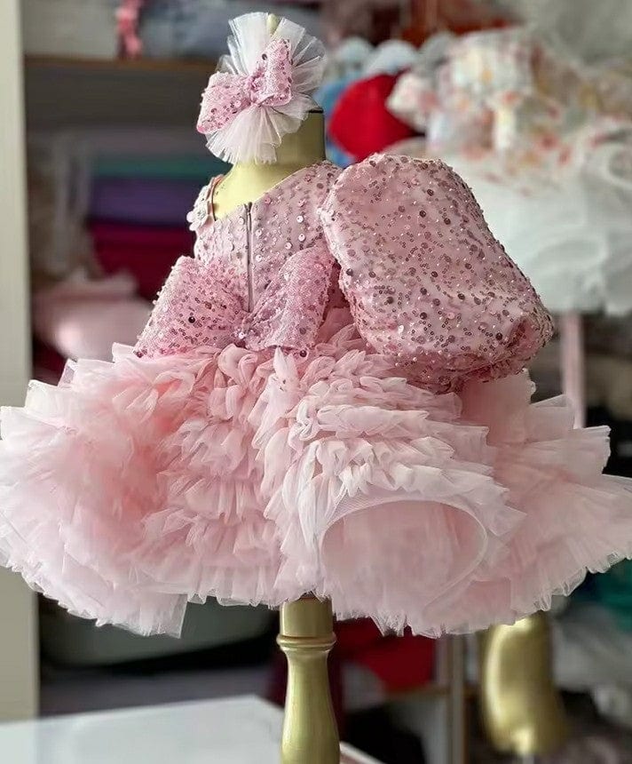 Sunnypetal Pink Flower Girl Dress Short Puffy Sleeve for Baby Girl One Shoulder Birthday Gown