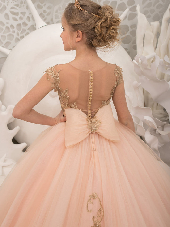 Sunnypetal Pink Flower Girl Dresses Gold Embroidery Appliques Ball-Gown Tulle Dress with Bow