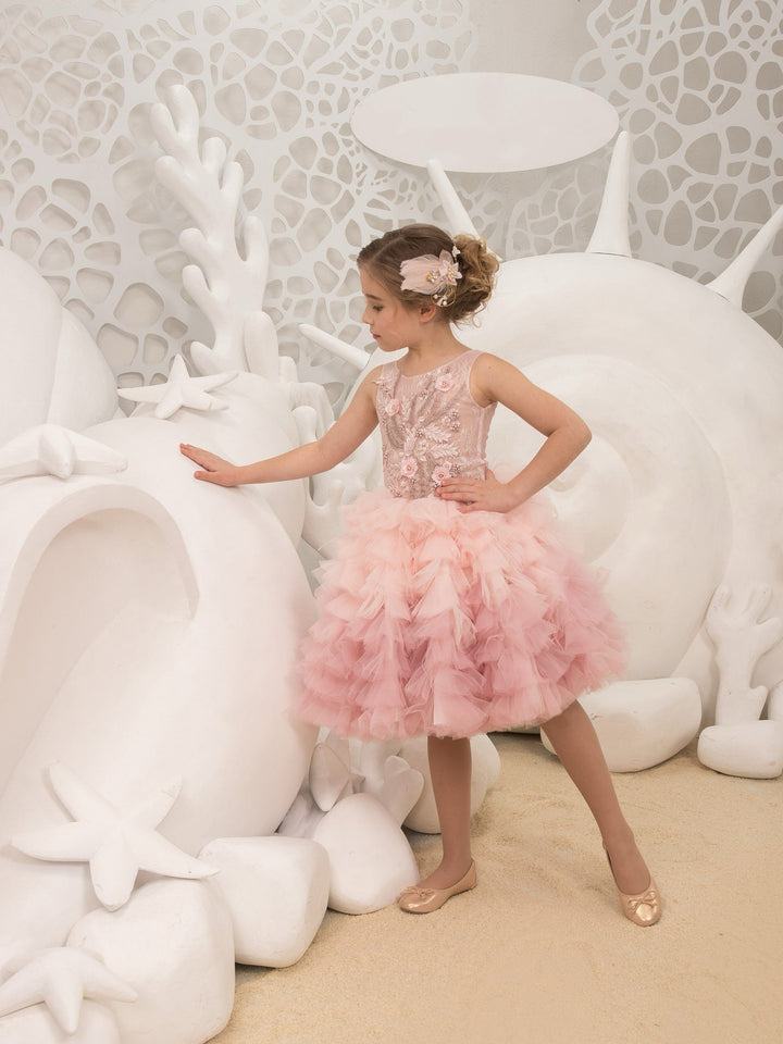 Sunnypetal Pink Full Tulle Ruffled Skirt for Kids Knee-Length Ball-Gown Flower Girl Dresses