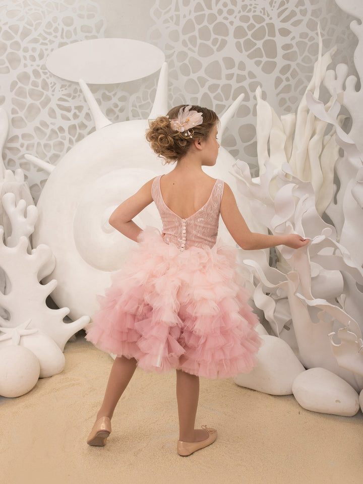 Sunnypetal Pink Full Tulle Ruffled Skirt for Kids Knee-Length Ball-Gown Flower Girl Dresses