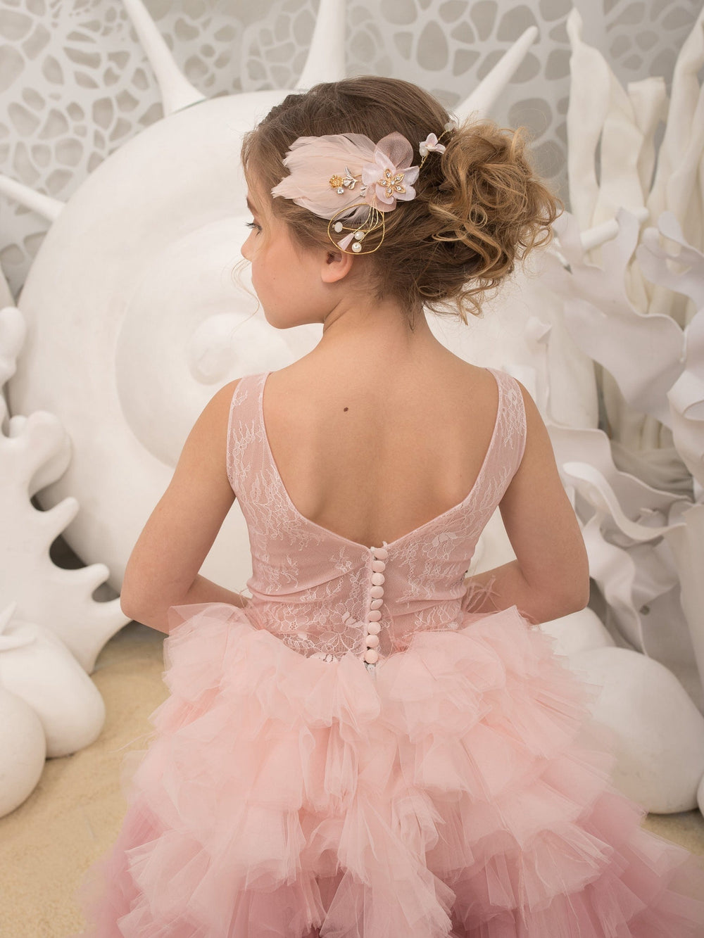 Sunnypetal Pink Full Tulle Ruffled Skirt for Kids Knee-Length Ball-Gown Flower Girl Dresses