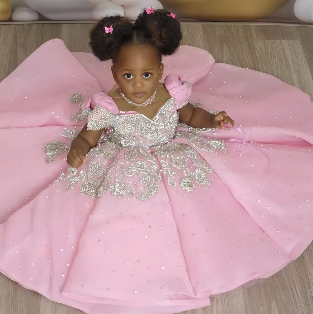 Sunnypetal Pink High Neck Flower Girl Dresses Birthday Party Princess Pageant Gowns