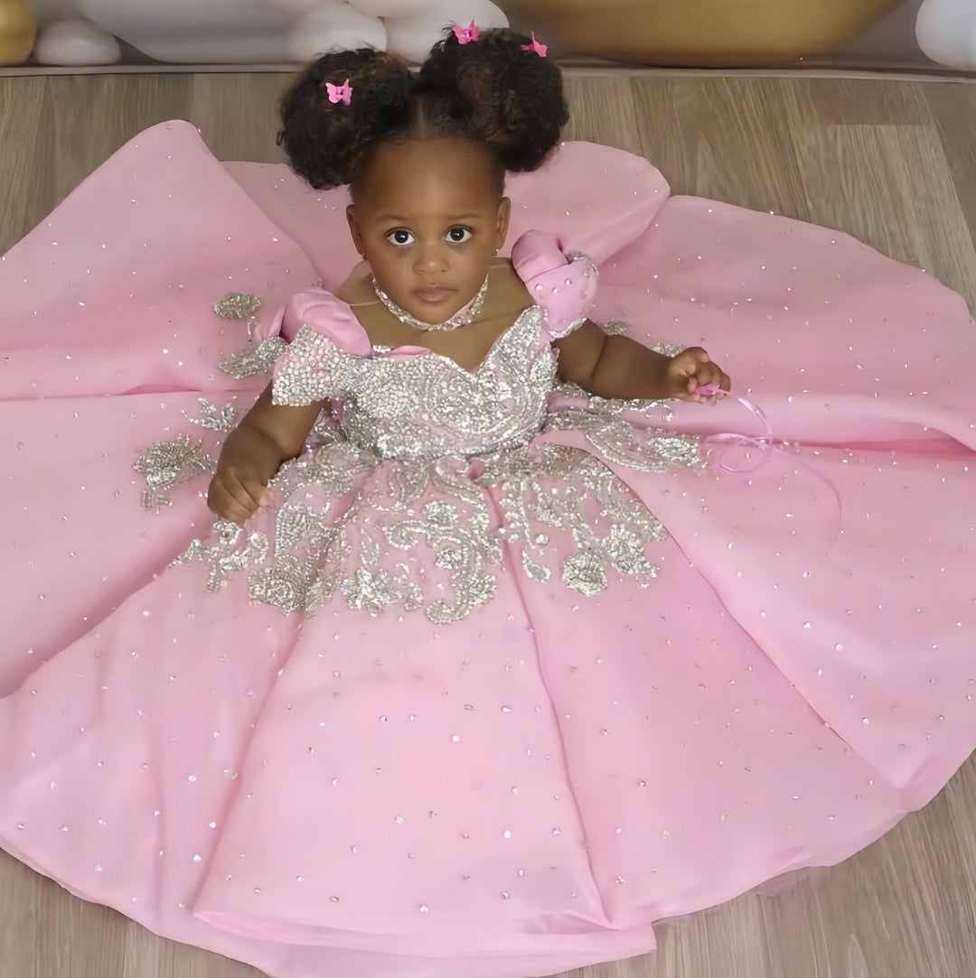Sunnypetal Pink High Neck Flower Girl Dresses Birthday Party Princess Pageant Gowns