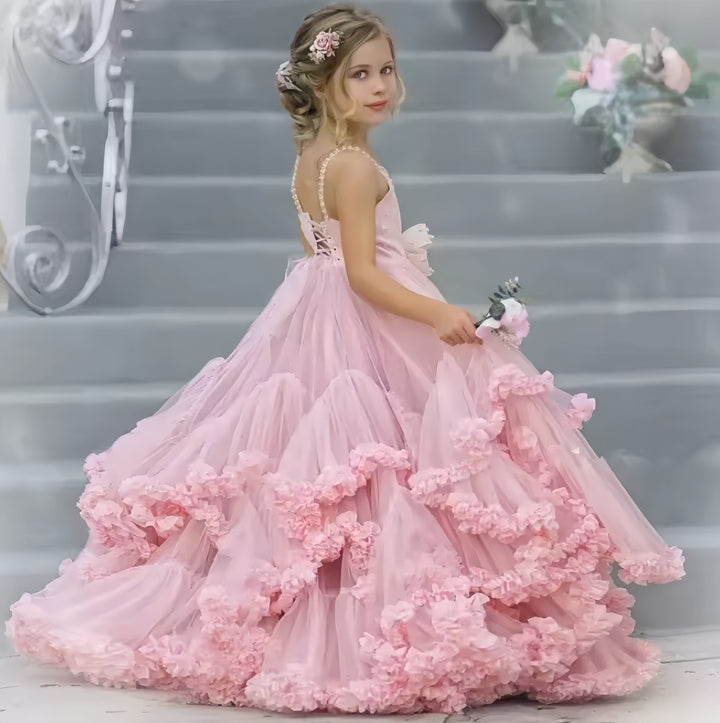 Sunnypetal Pink Kids Flower Girl Dresses Tulle Beaded Bow Pageant Gowns With Train