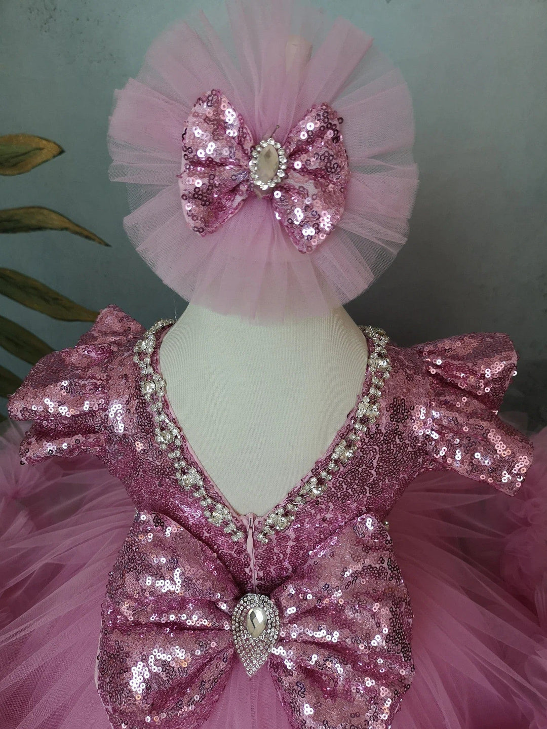 Sunnypetal Pink Long Puffy Tulle Ankle-Length Flower Girl Dresses with Rhinestones&Bow