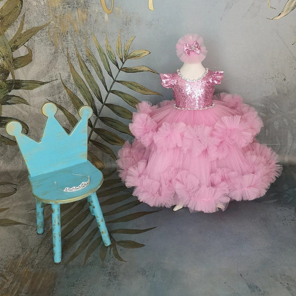 Sunnypetal Pink Long Puffy Tulle Ankle-Length Flower Girl Dresses with Rhinestones&Bow