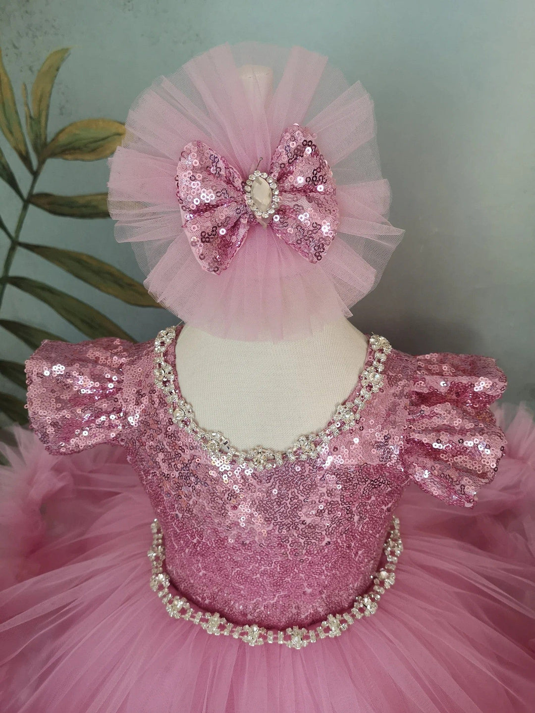 Sunnypetal Pink Long Puffy Tulle Ankle-Length Flower Girl Dresses with Rhinestones&Bow