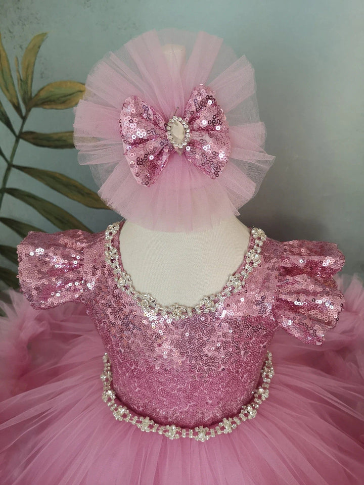 Sunnypetal Pink Long Puffy Tulle Ankle-Length Flower Girl Dresses with Rhinestones&Bow