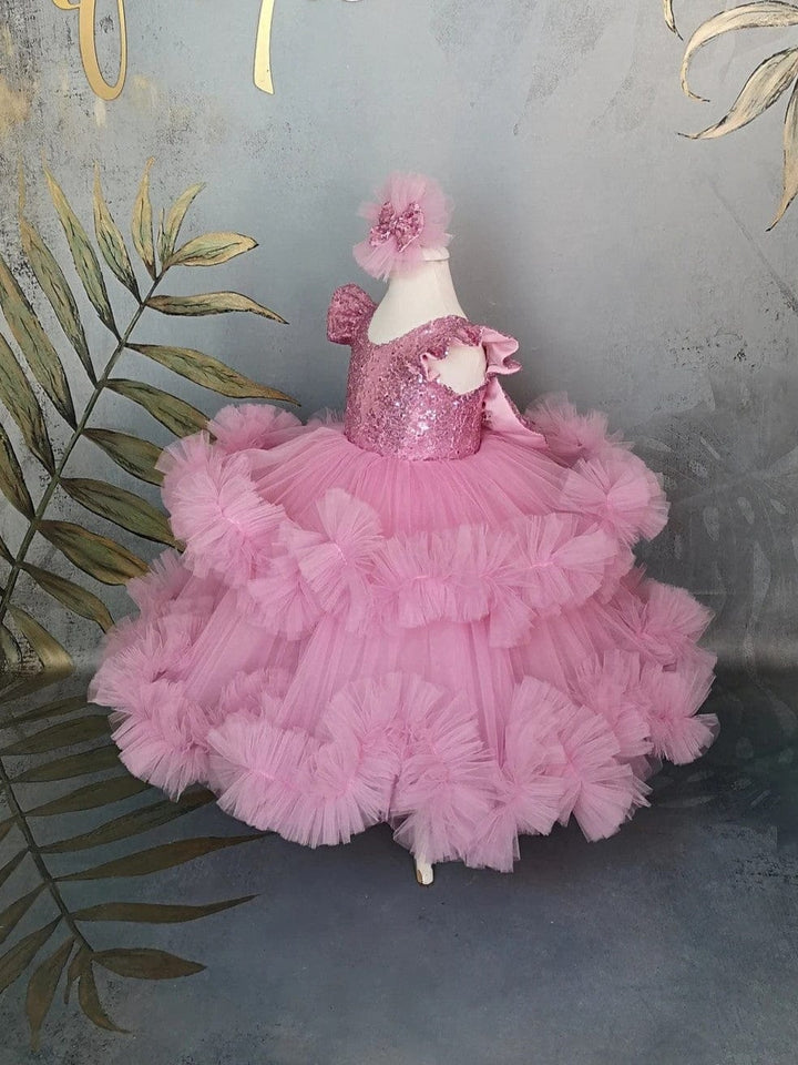 Sunnypetal Pink Long Puffy Tulle Ankle-Length Flower Girl Dresses with Rhinestones&Bow