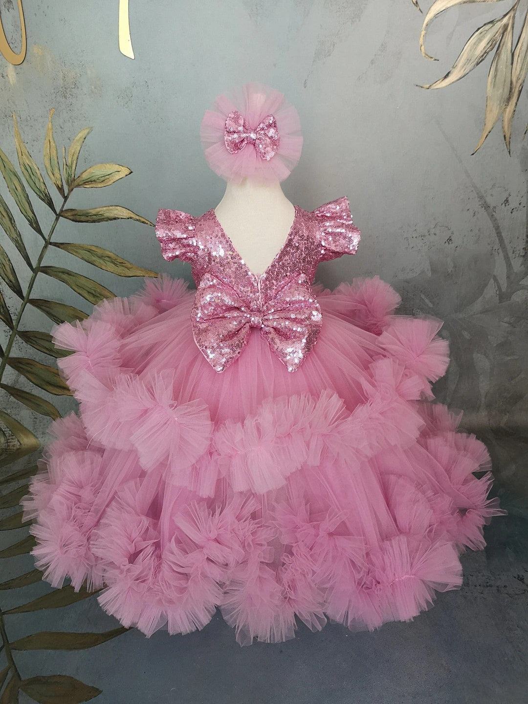 Sunnypetal Pink Long Puffy Tulle Ankle-Length Flower Girl Dresses with Rhinestones&Bow