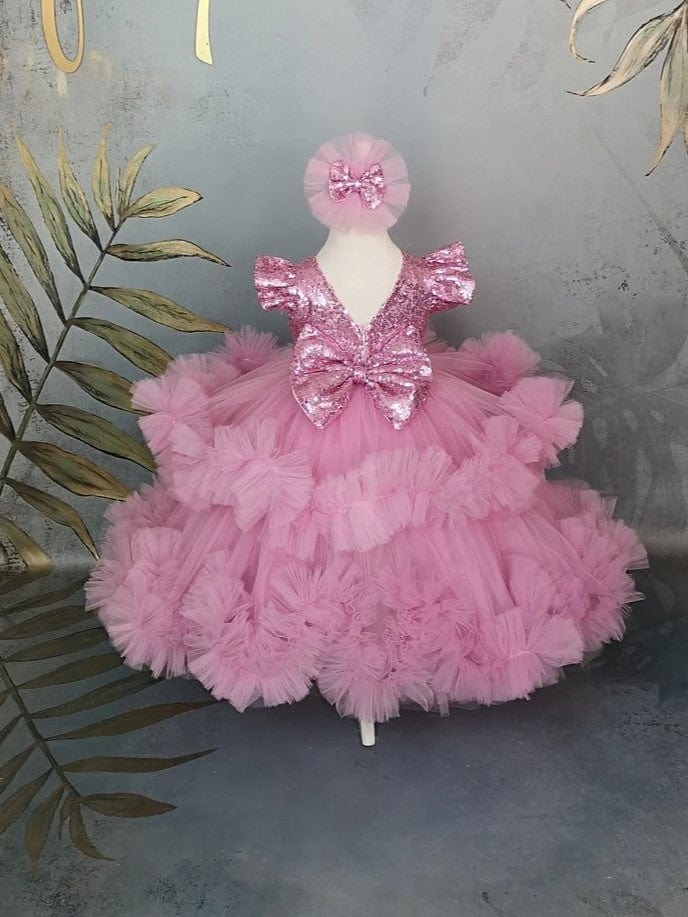 Sunnypetal Pink Long Puffy Tulle Ankle-Length Flower Girl Dresses with Rhinestones&Bow