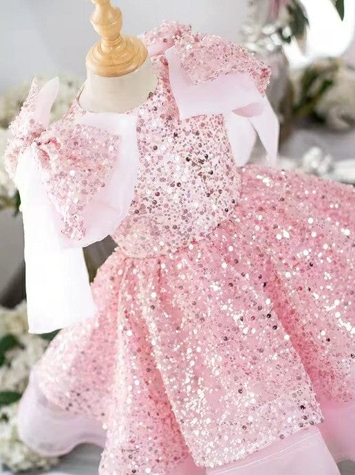 Sunnypetal Pink Luxury Sequin Big Bow Ball Gown Flower Girl Dresses