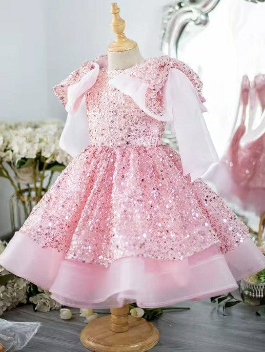 Sunnypetal Pink Luxury Sequin Big Bow Ball Gown Flower Girl Dresses