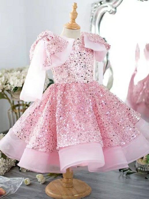 Sunnypetal Pink Luxury Sequin Big Bow Ball Gown Flower Girl Dresses