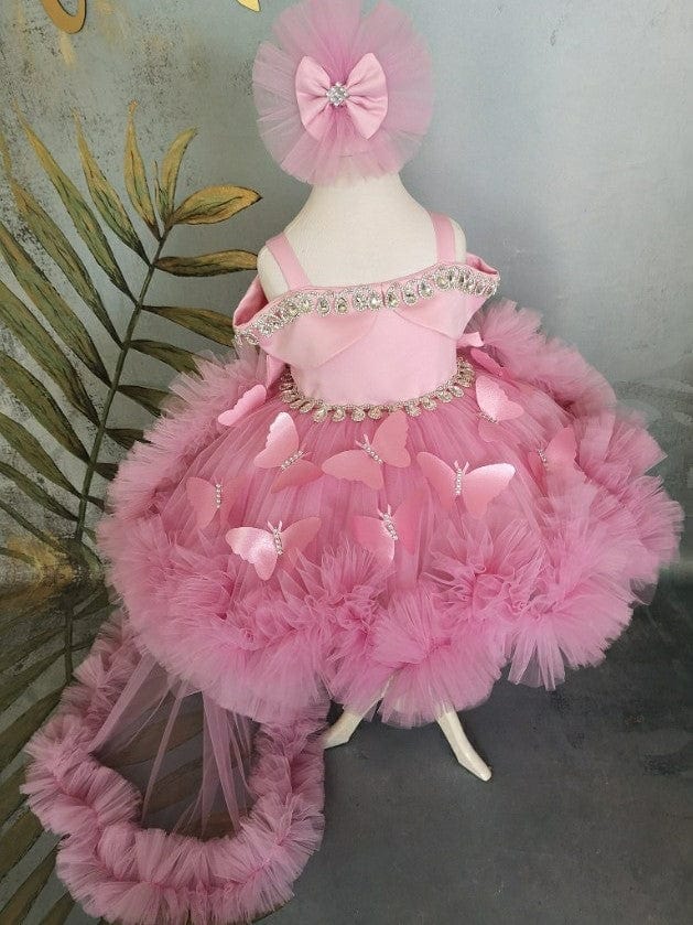Sunnypetal Pink Off-Shoulder 3D Butterfly Knee-Length Flower Girl Dresses with Detachable Train