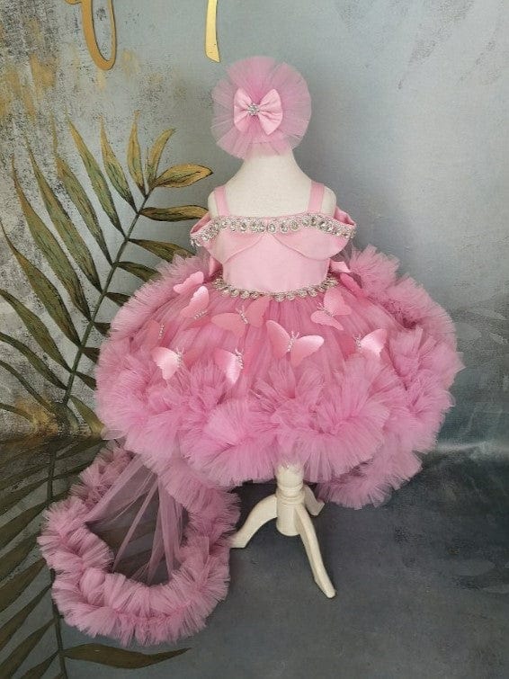 Sunnypetal Pink Off-Shoulder 3D Butterfly Knee-Length Flower Girl Dresses with Detachable Train