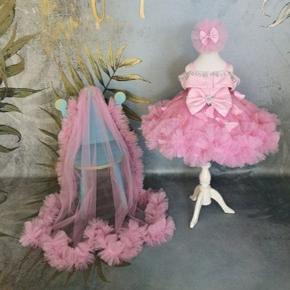 Sunnypetal Pink Off-Shoulder 3D Butterfly Knee-Length Flower Girl Dresses with Detachable Train