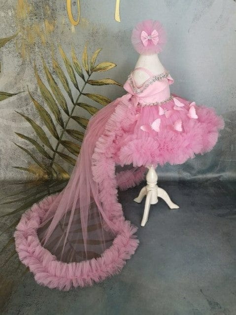 Sunnypetal Pink Off-Shoulder 3D Butterfly Knee-Length Flower Girl Dresses with Detachable Train