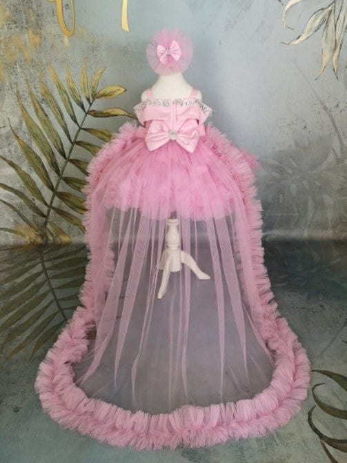 Sunnypetal Pink Off-Shoulder 3D Butterfly Knee-Length Flower Girl Dresses with Detachable Train