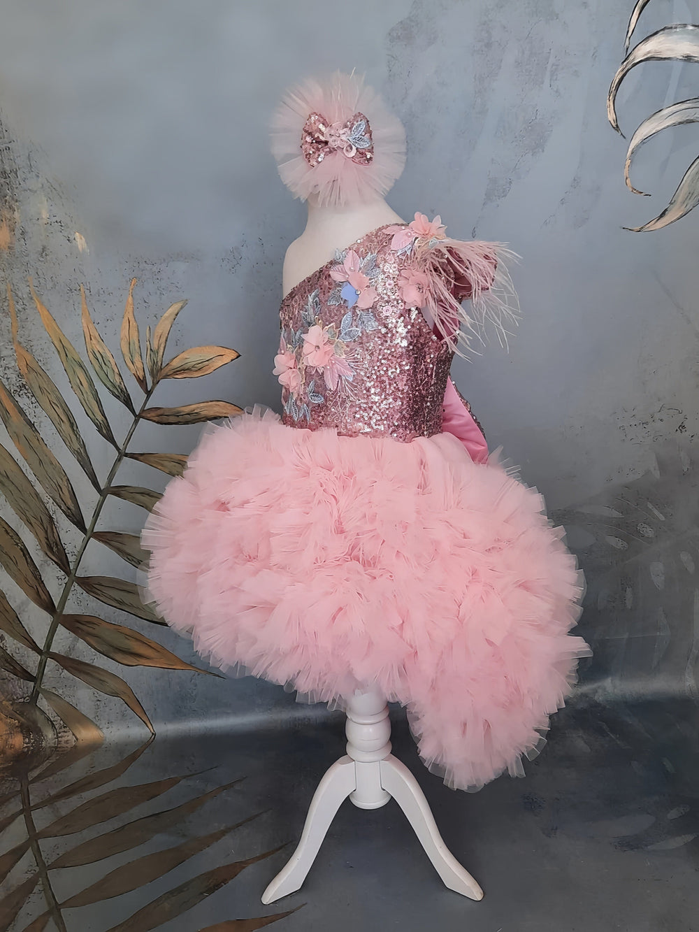 Sunnypetal Pink One-Shoulder High to Low Flower Girl Princess Pageant Dress