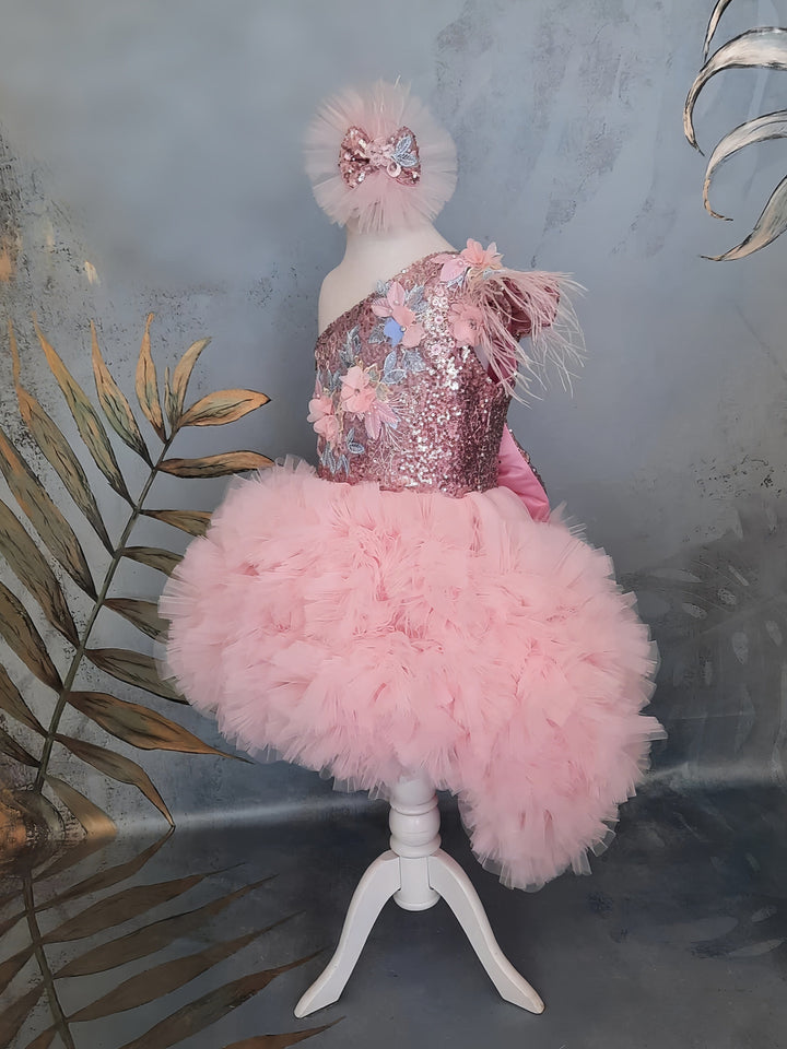 Sunnypetal Pink One-Shoulder High to Low Flower Girl Princess Pageant Dress