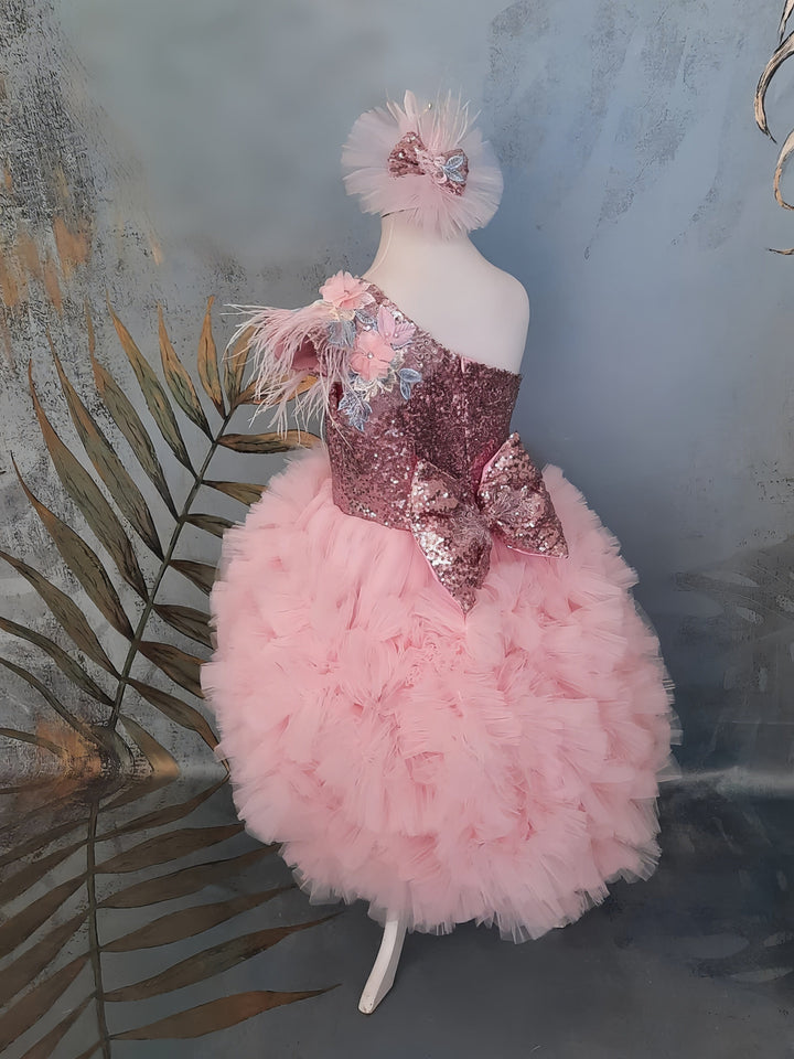 Sunnypetal Pink One-Shoulder High to Low Flower Girl Princess Pageant Dress