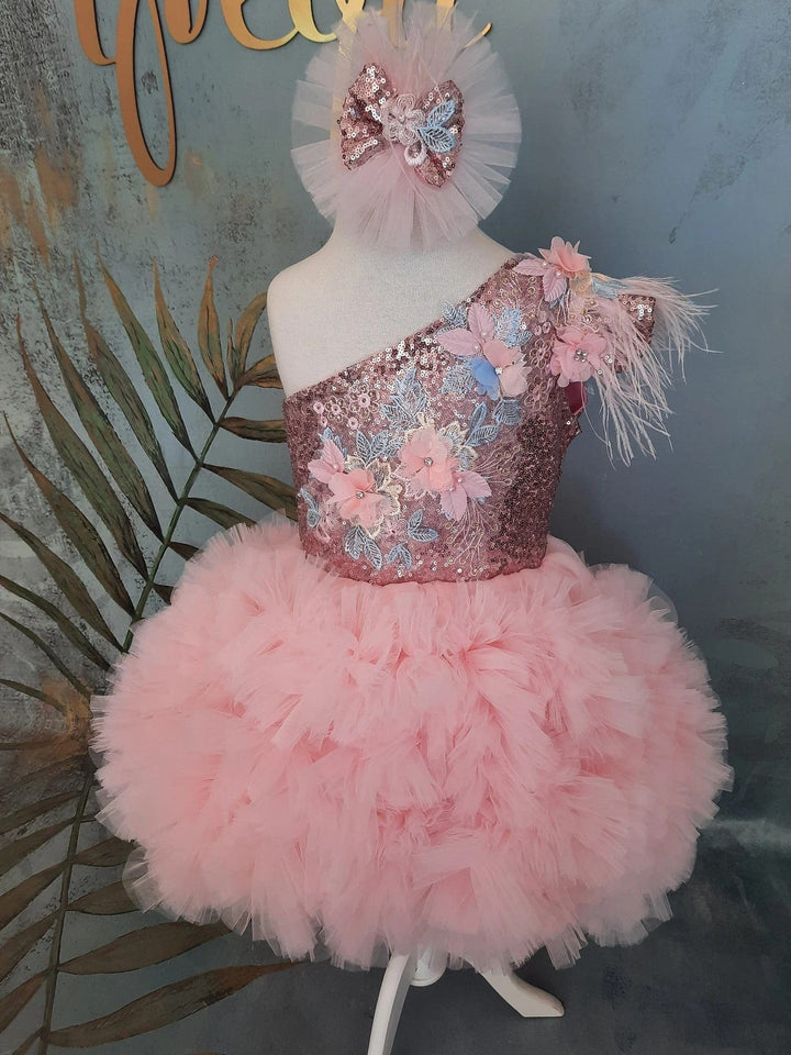 Sunnypetal Pink One-Shoulder High to Low Flower Girl Princess Pageant Dress