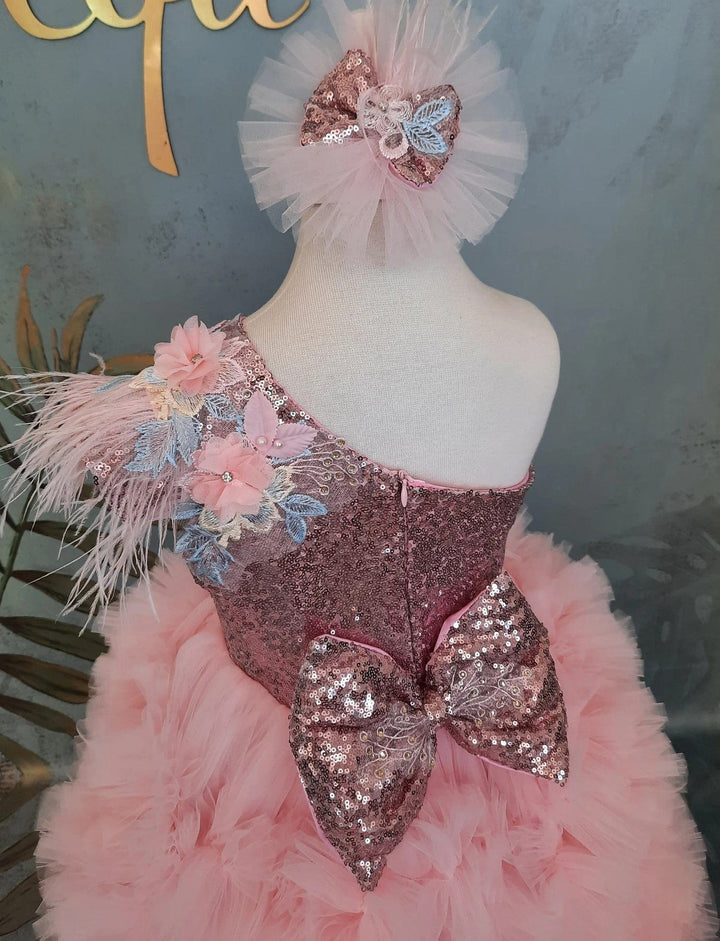 Sunnypetal Pink One-Shoulder High to Low Flower Girl Princess Pageant Dress