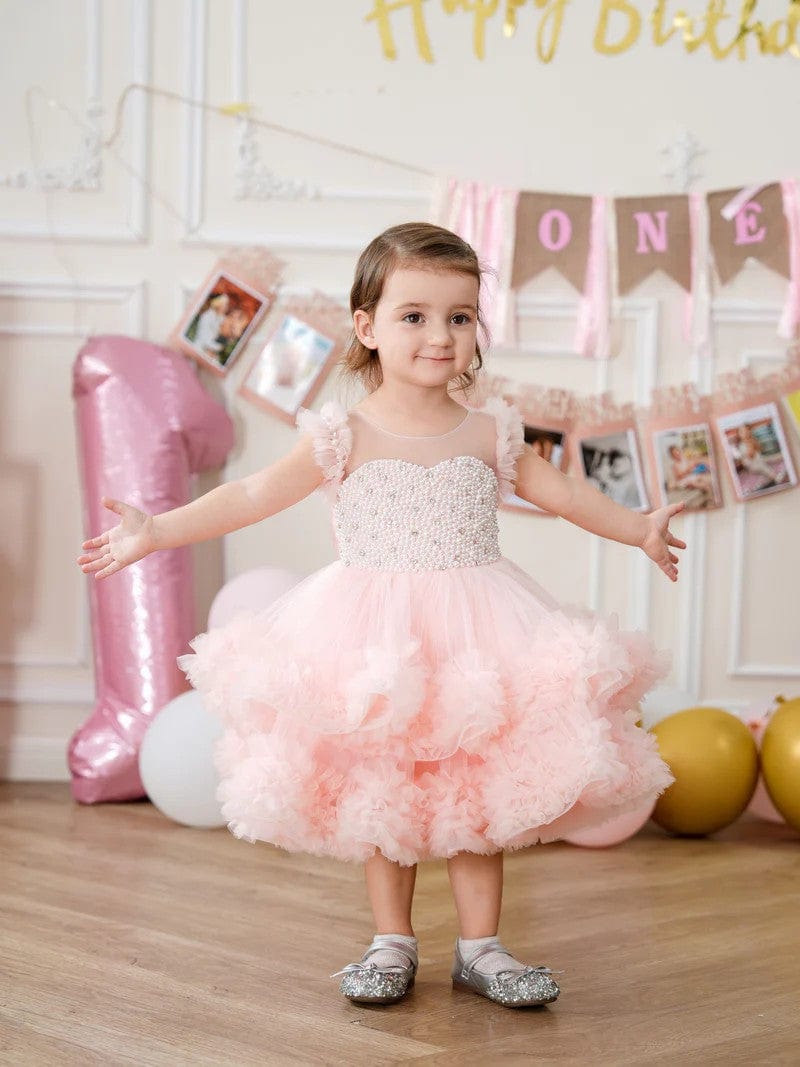 Sunnypetal Pink Playful Ruffled Sleeves Princess Tulle Knee-Length Dress Birthday Pageant Baby Girl Dress