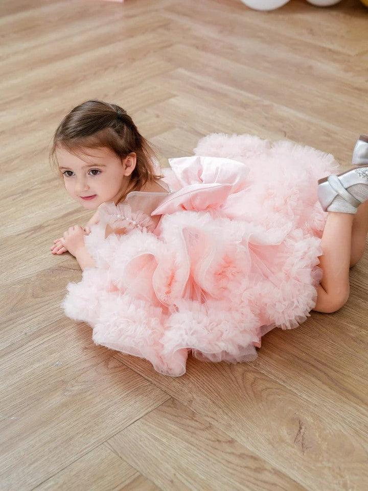 Sunnypetal Pink Playful Ruffled Sleeves Princess Tulle Knee-Length Dress Birthday Pageant Baby Girl Dress