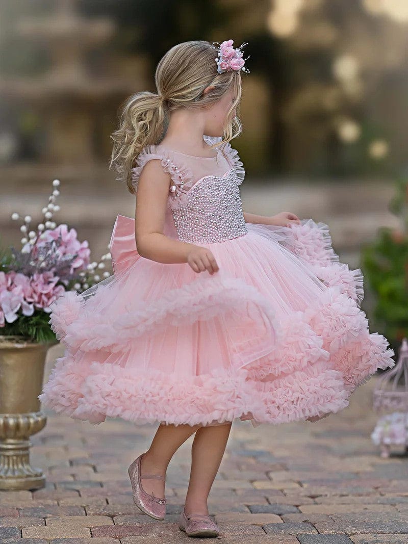 Sunnypetal Pink Playful Ruffled Sleeves Princess Tulle Knee-Length Dress Birthday Pageant Baby Girl Dress