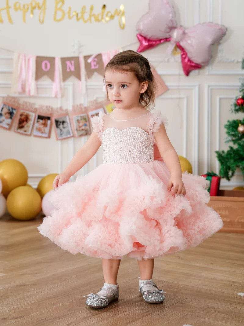 Sunnypetal Pink Playful Ruffled Sleeves Princess Tulle Knee-Length Dress Birthday Pageant Baby Girl Dress