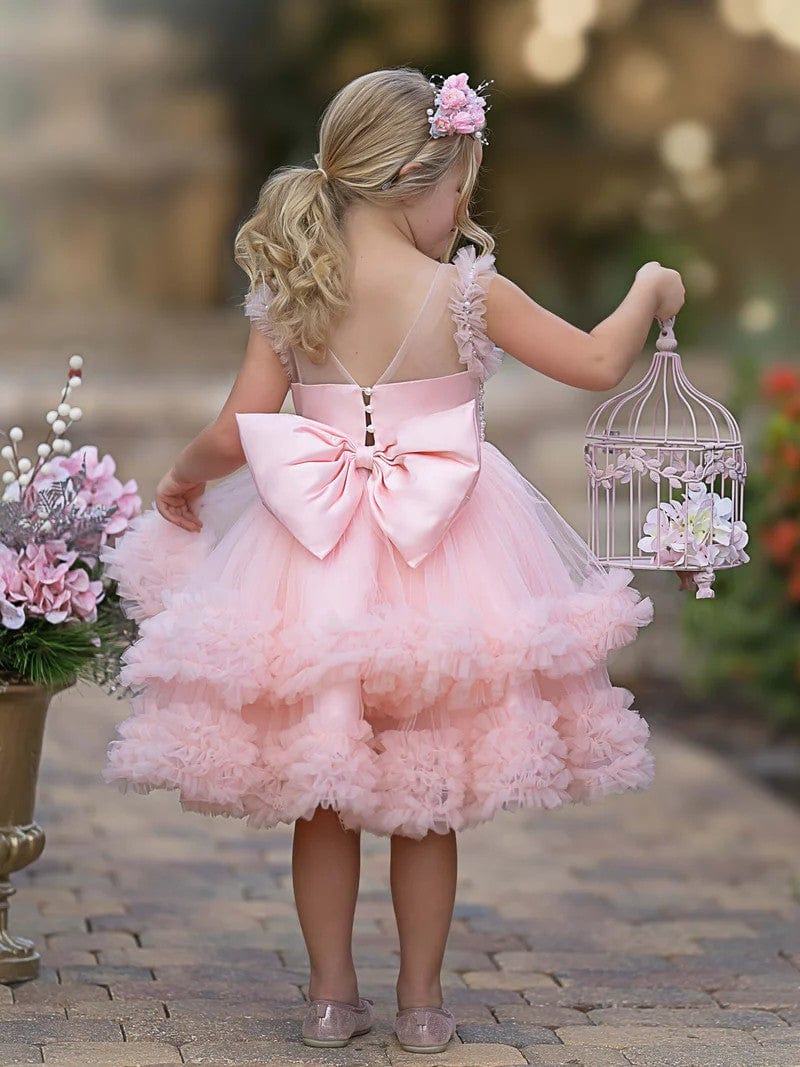 Sunnypetal Pink Playful Ruffled Sleeves Princess Tulle Knee-Length Dress Birthday Pageant Baby Girl Dress
