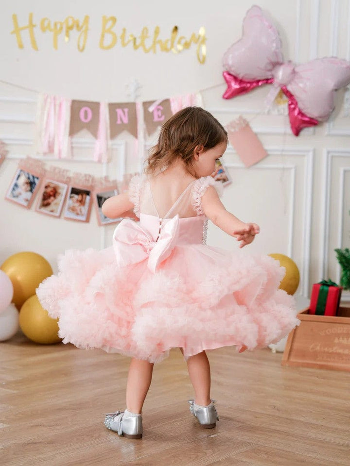 Sunnypetal Pink Playful Ruffled Sleeves Princess Tulle Knee-Length Dress Birthday Pageant Baby Girl Dress