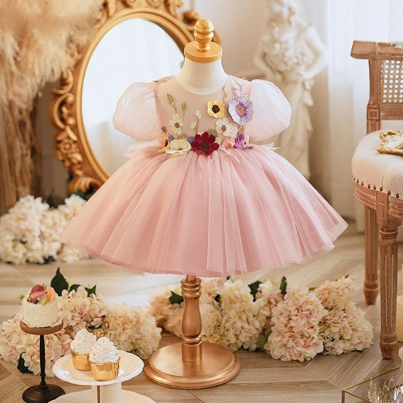 Sunnypetal Pink Princess 3D Flower Toddler Flower Girl Dress with Satin Bow