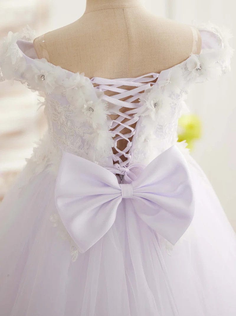 Sunnypetal Pink Princess Flower Girl Dress Lace Appliques Girl Birthday Pageant Dance Dress