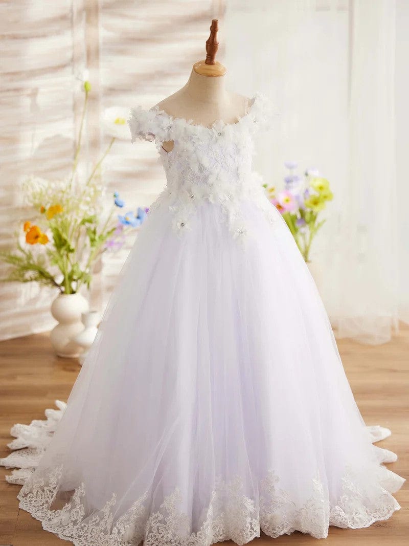 Sunnypetal Pink Princess Flower Girl Dress Lace Appliques Girl Birthday Pageant Dance Dress