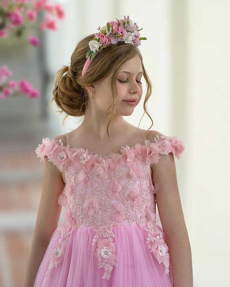 Sunnypetal Pink Princess Flower Girl Dress Lace Appliques Girl Birthday Pageant Dance Dress