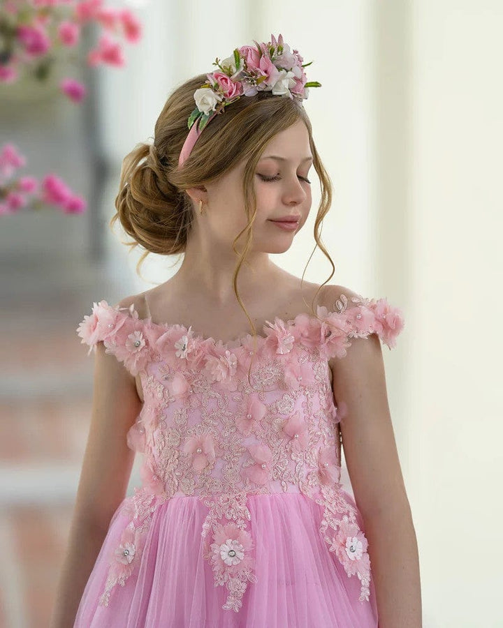 Sunnypetal Pink Princess Flower Girl Dress Lace Appliques Girl Birthday Pageant Dance Dress