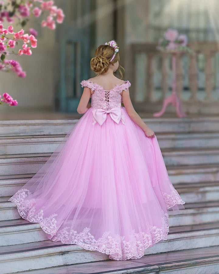 Sunnypetal Pink Princess Flower Girl Dress Lace Appliques Girl Birthday Pageant Dance Dress
