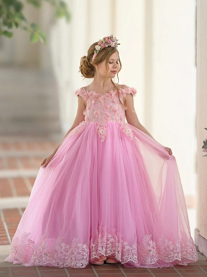 Sunnypetal Pink Princess Flower Girl Dress Lace Appliques Girl Birthday Pageant Dance Dress