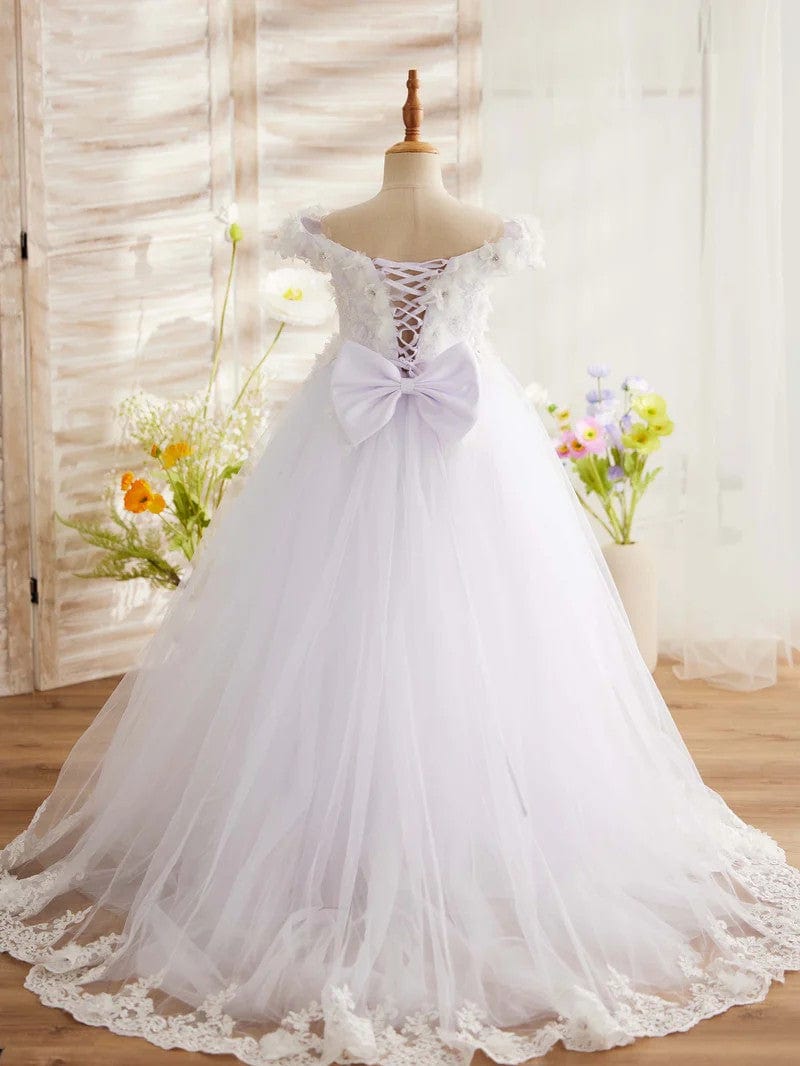 Sunnypetal Pink Princess Flower Girl Dress Lace Appliques Girl Birthday Pageant Dance Dress