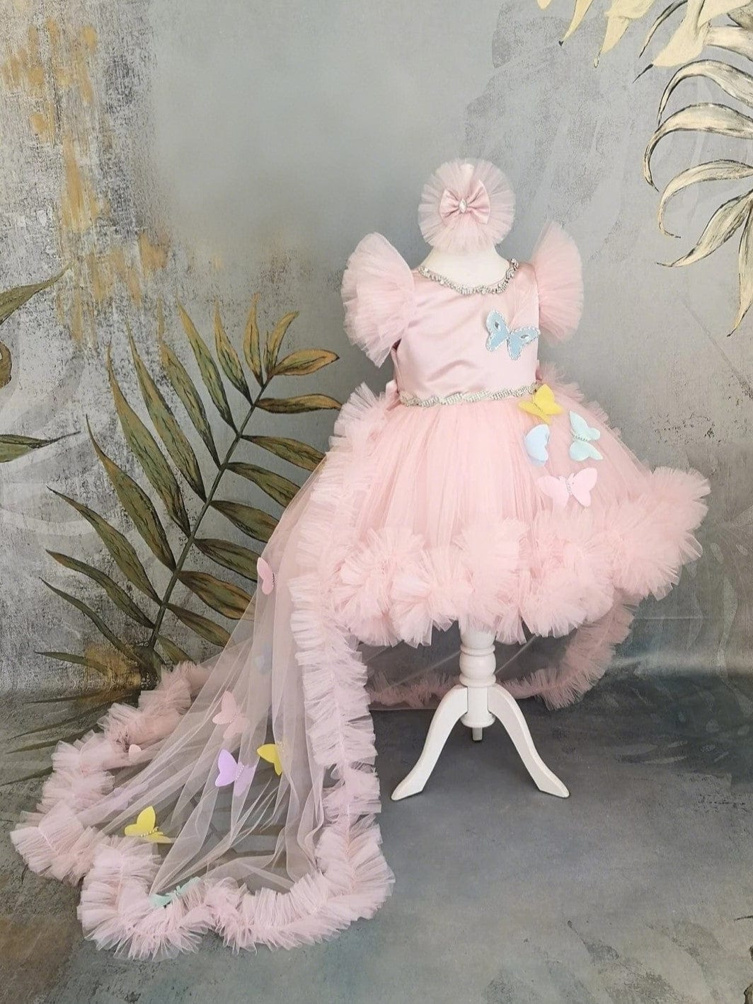 Sunnypetal Pink Puff Sleeves Baby Girl Pageant Dress with Butterflys and Detachable Train