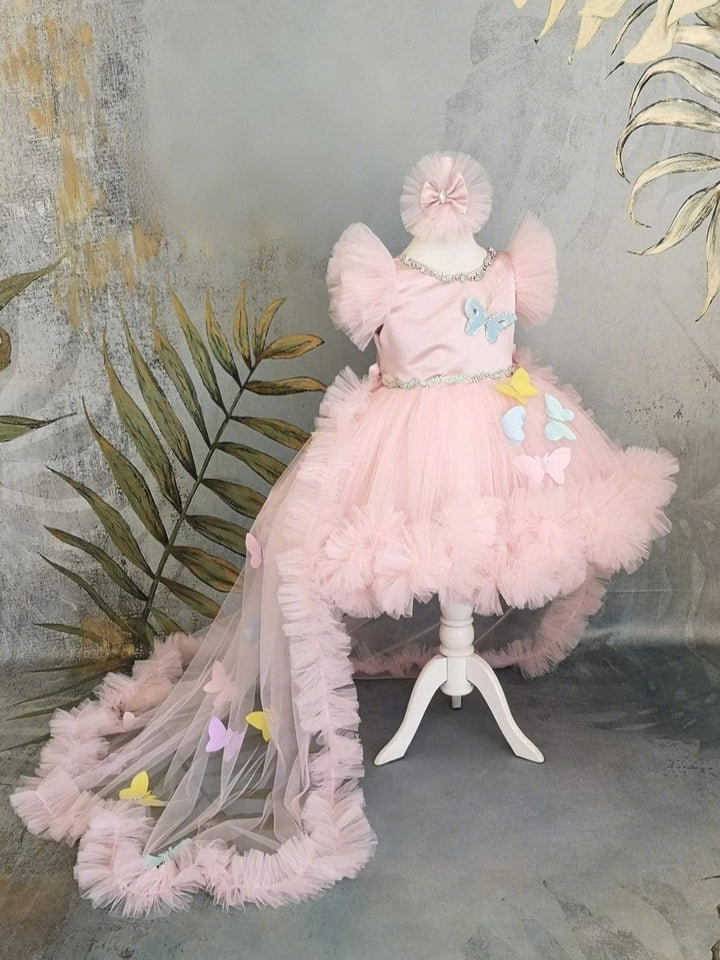 Sunnypetal Pink Puff Sleeves Baby Girl Pageant Dress with Butterflys and Detachable Train