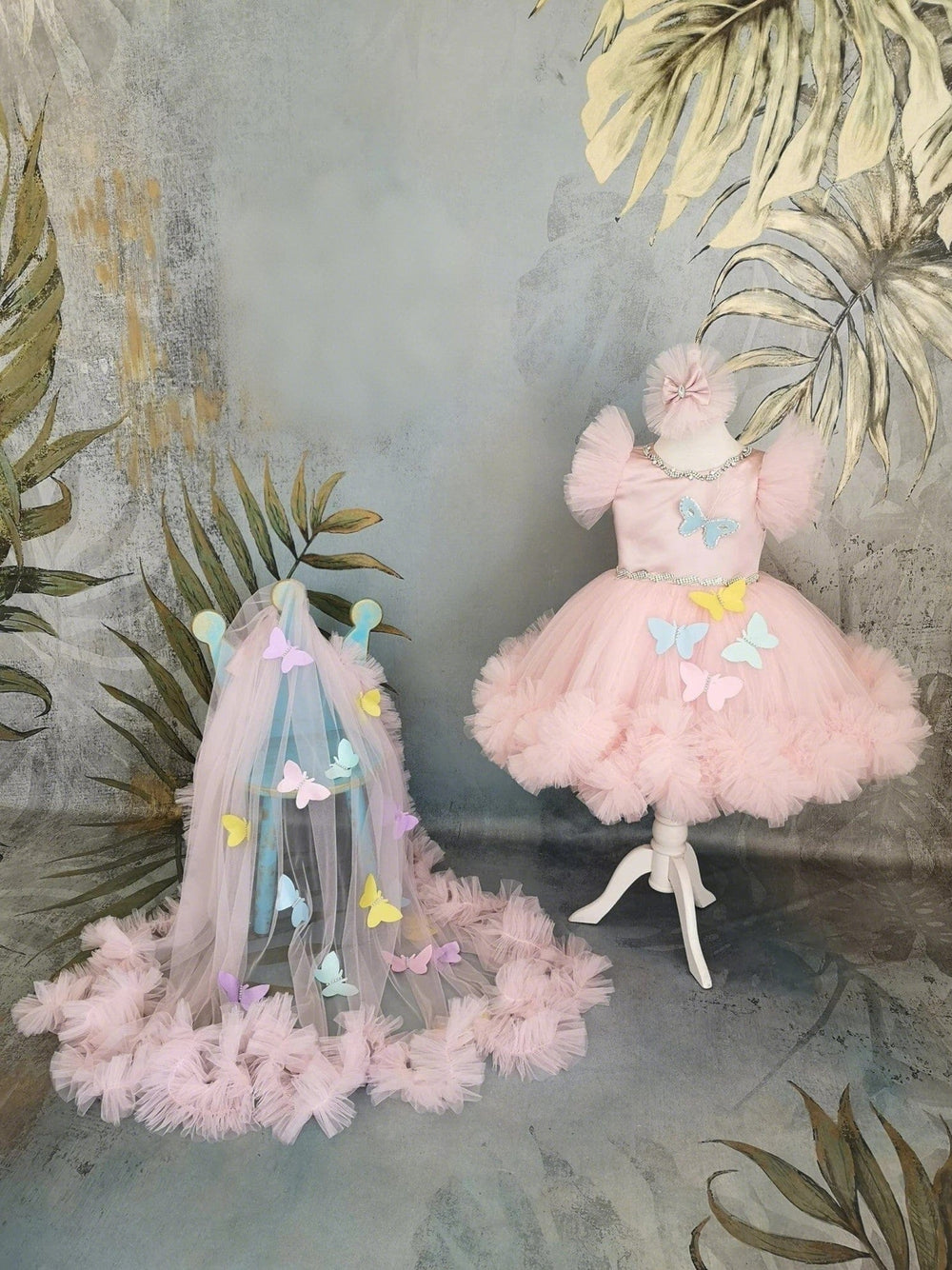 Sunnypetal Pink Puff Sleeves Baby Girl Pageant Dress with Butterflys and Detachable Train