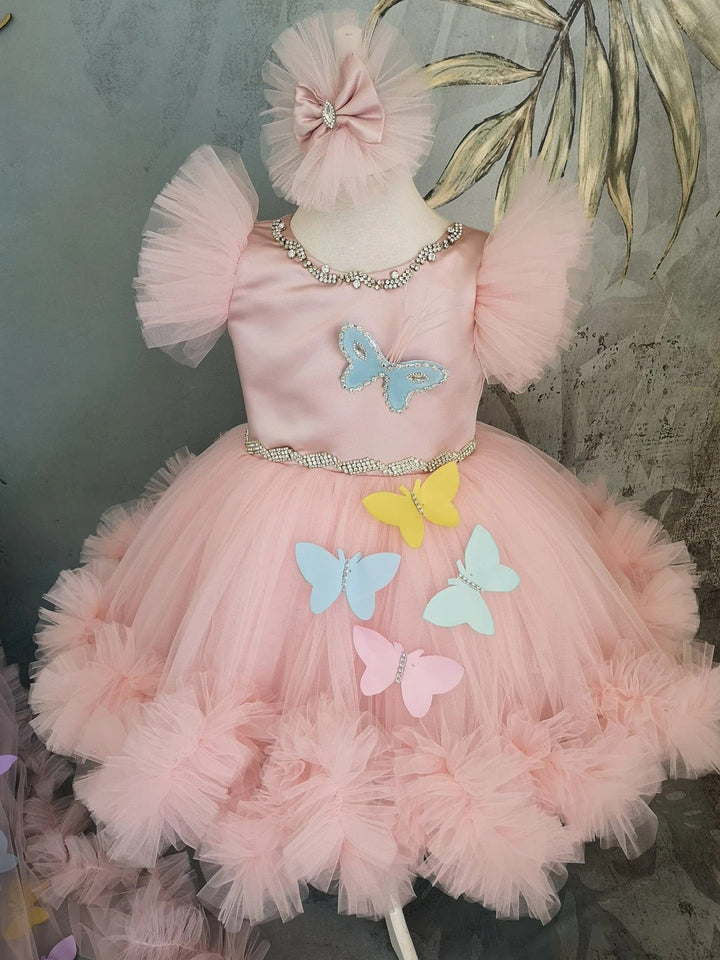 Sunnypetal Pink Puff Sleeves Baby Girl Pageant Dress with Butterflys and Detachable Train