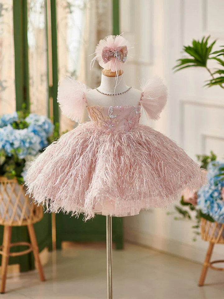 Sunnypetal Pink Puff Sleeves Floral Embroidery Flower Girl Dresses with Feathers